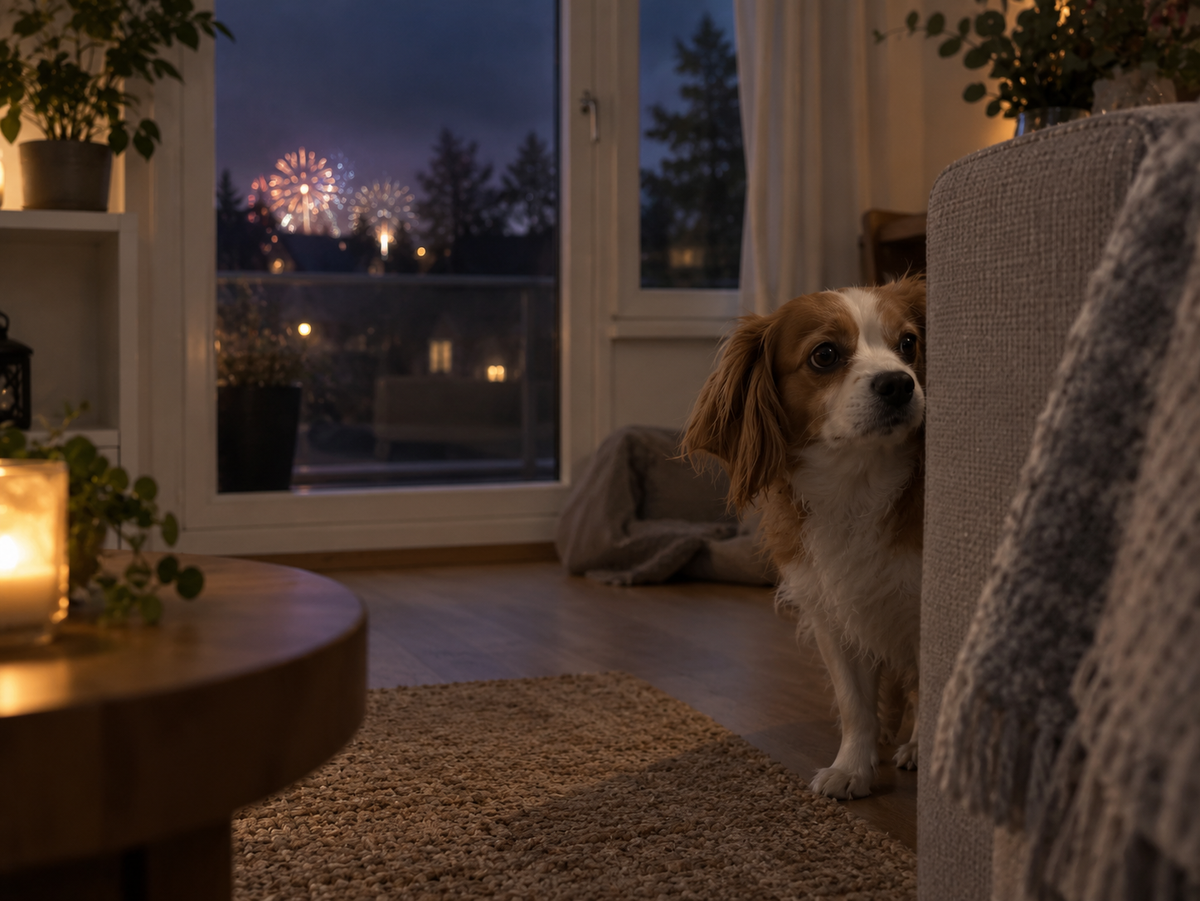 Hund inomhus medan fyrverkerier syns genom fönstret