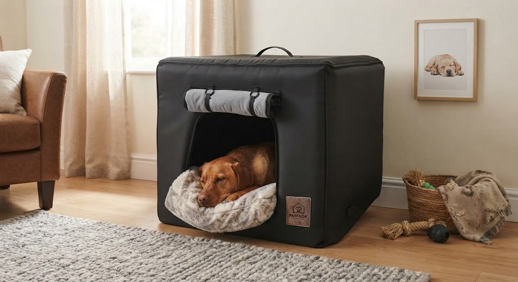 Hund vilar i en PawBox ljuddämpande hundkoja i ett lugnt rum