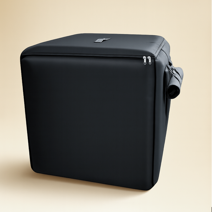 Sida av PawBox ljudisolerade koja – robust svart material med dragkedja och bärhandtag. Utvecklad för att minska ljud och stress för hundar och katter